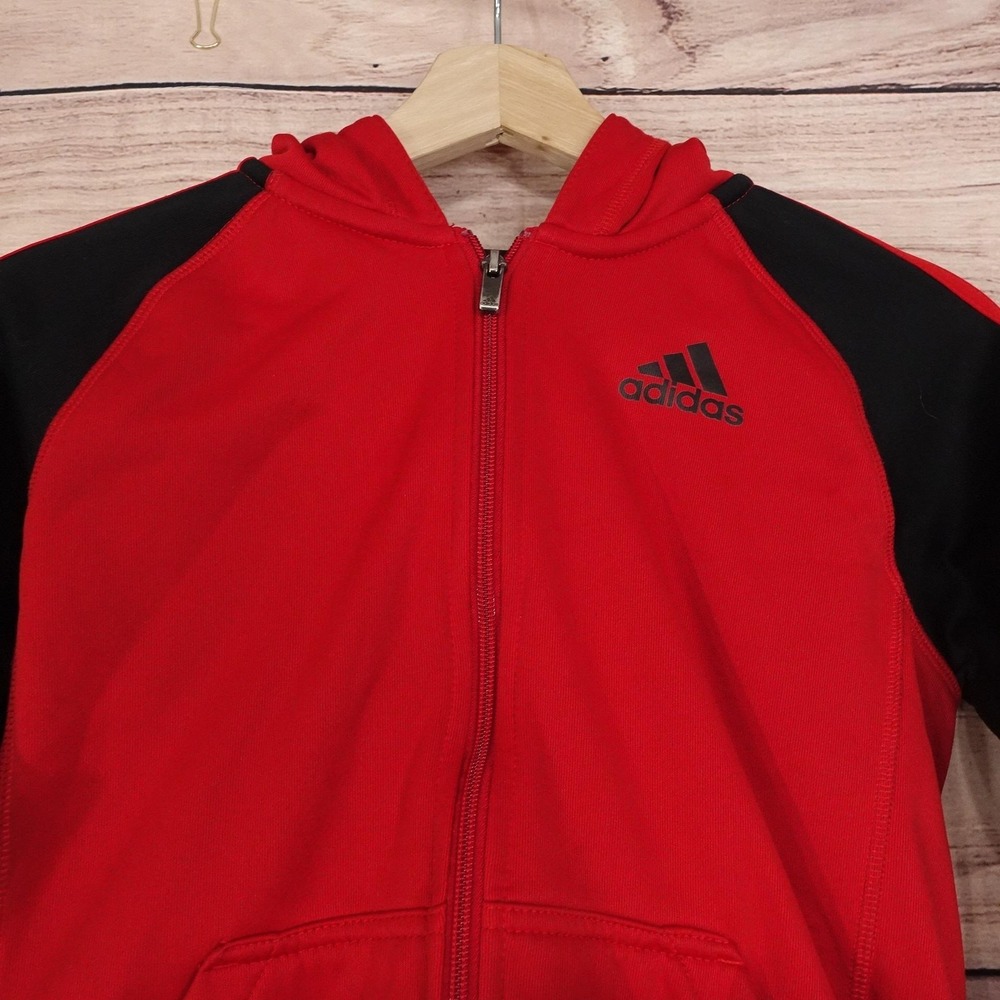 Adidas Hoodie Boys M 10/12‎ Red Full Zip Climawarm Hooded Fleece Pockets Thermal - Picture 2 of 9